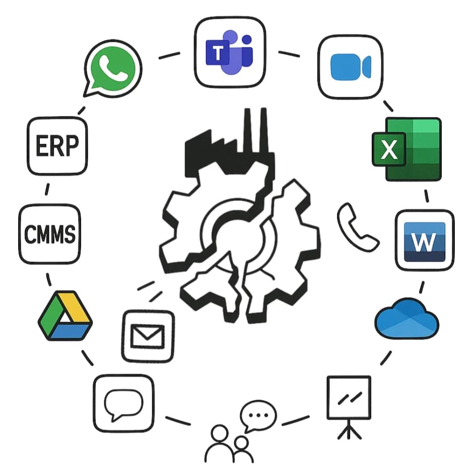 A factory surrounded by scattered communication channels — email, WhatsApp, Teams, Excel, whiteboards, phone calls