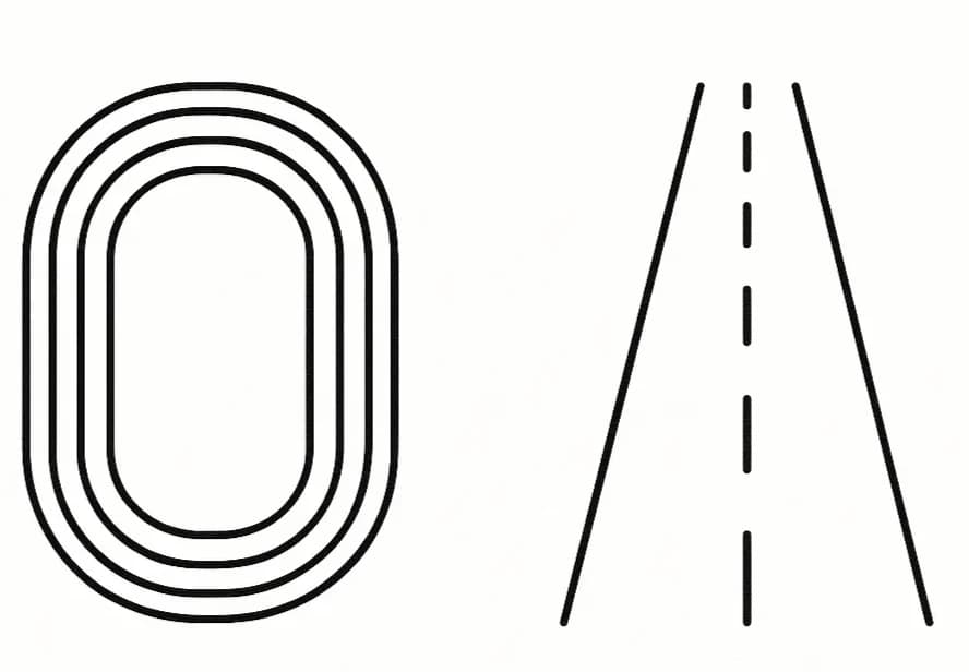 A closed oval running track beside a straight open road — running in circles versus every step moving forward