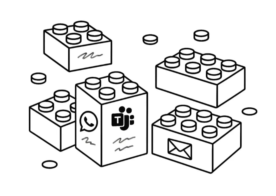 LEGO bricks tagged with WhatsApp, Teams and email icons: daily updates arriving from every channel
