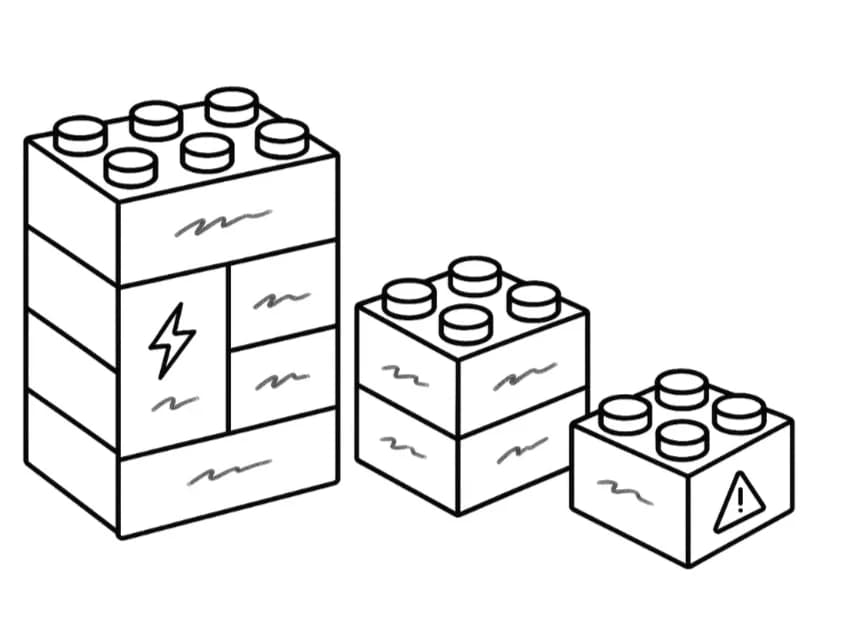 Several bricks combining into a larger compound block, an event case