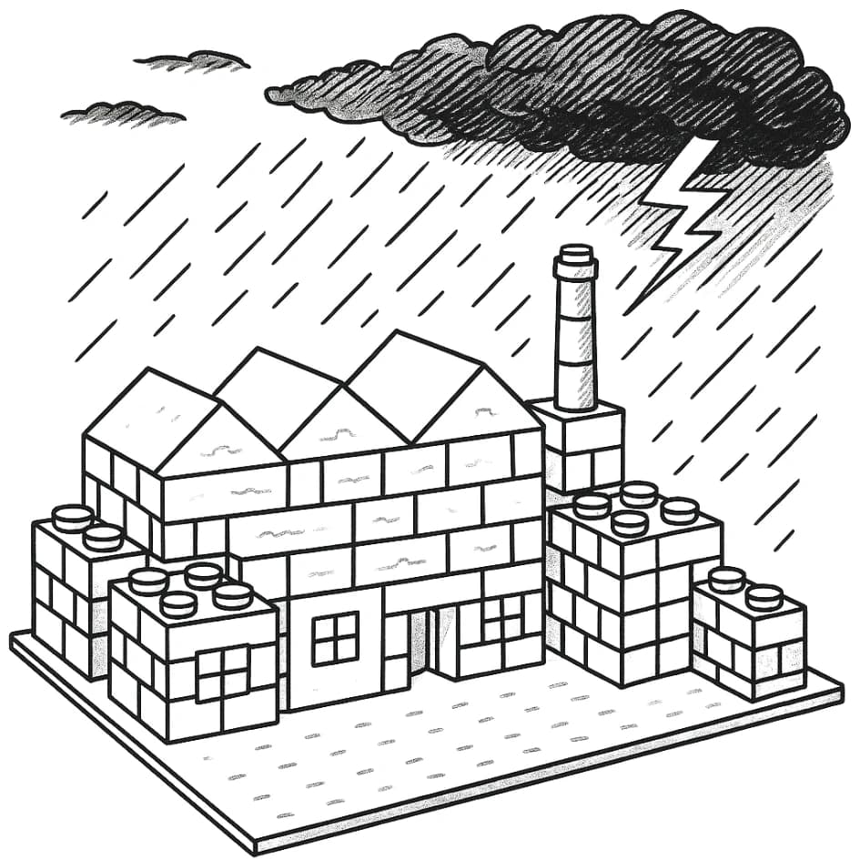 A LEGO-brick factory standing solid through a storm — a resilient knowledge base