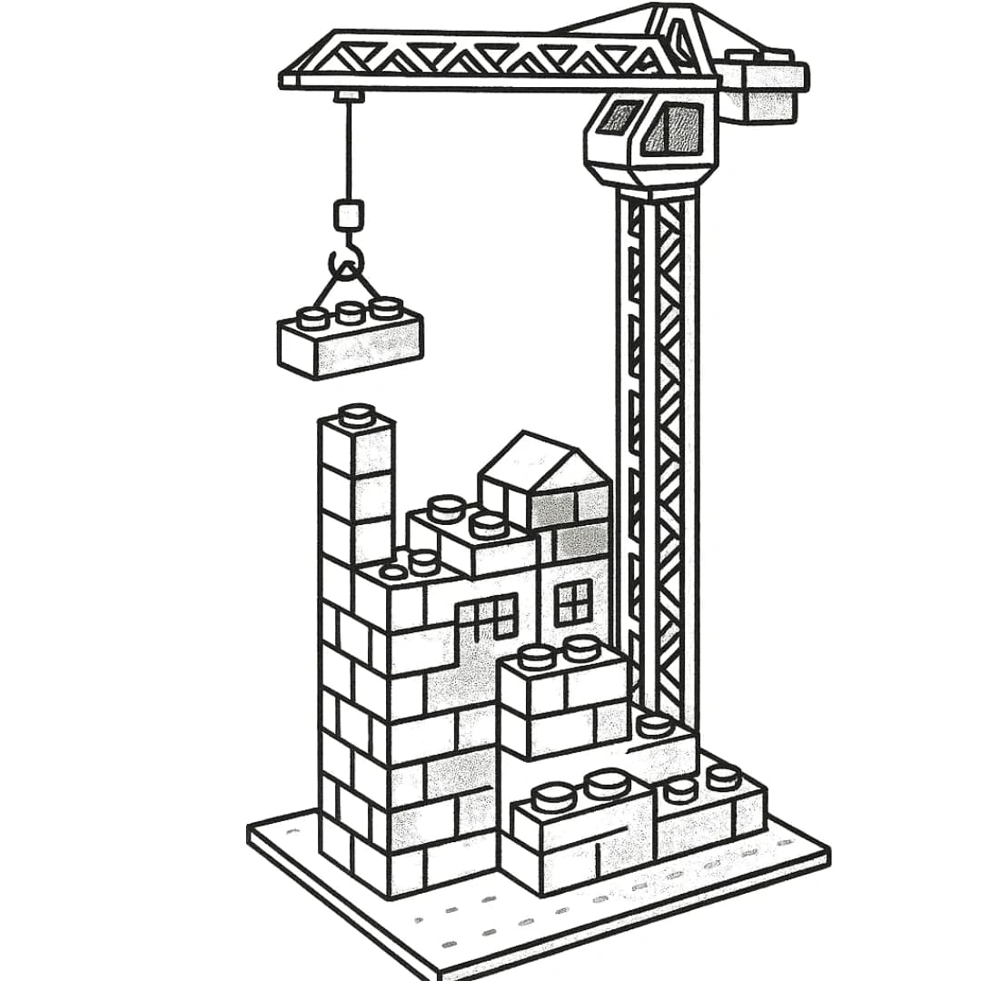 A crane lifting a brick onto a growing LEGO build — compounding capability
