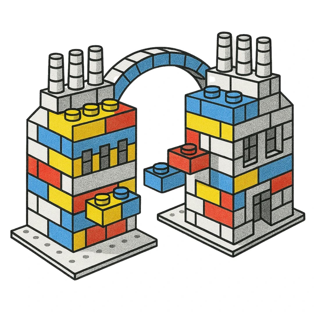 A brick archway bridging two coloured LEGO factories — connected sites and OEMs
