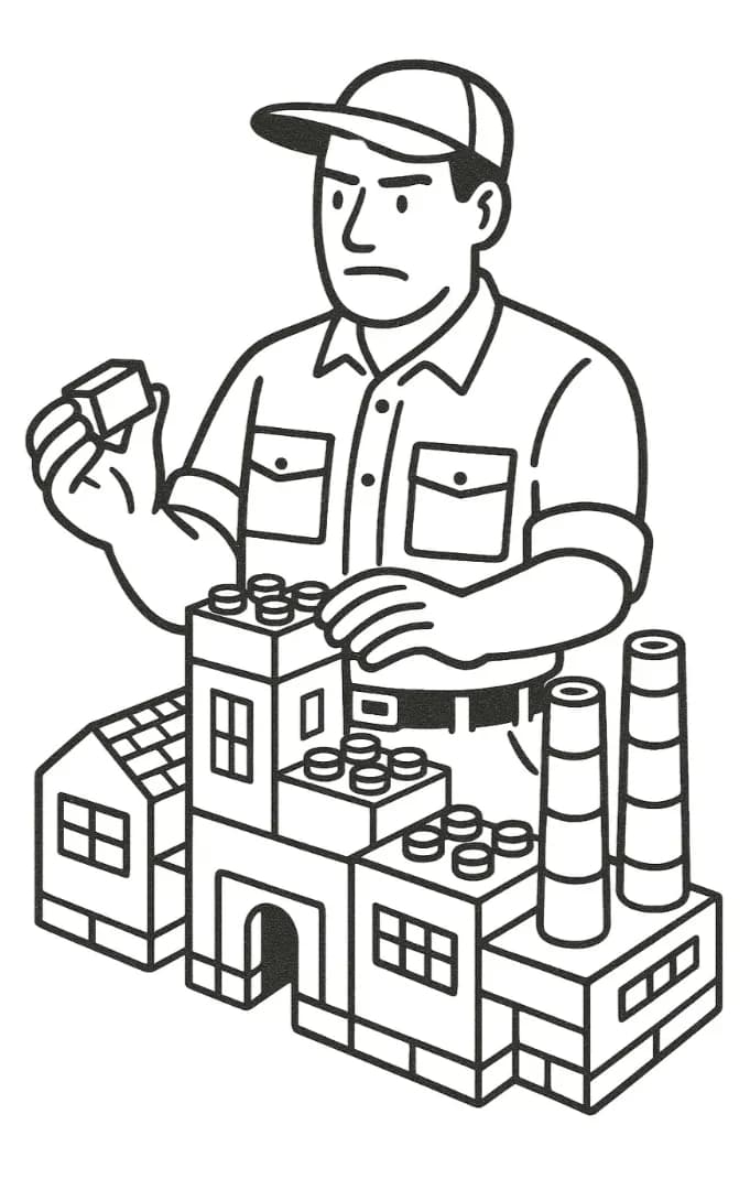 An engineer placing bricks onto a growing LEGO factory, while RossOps connects the pieces behind the scenes