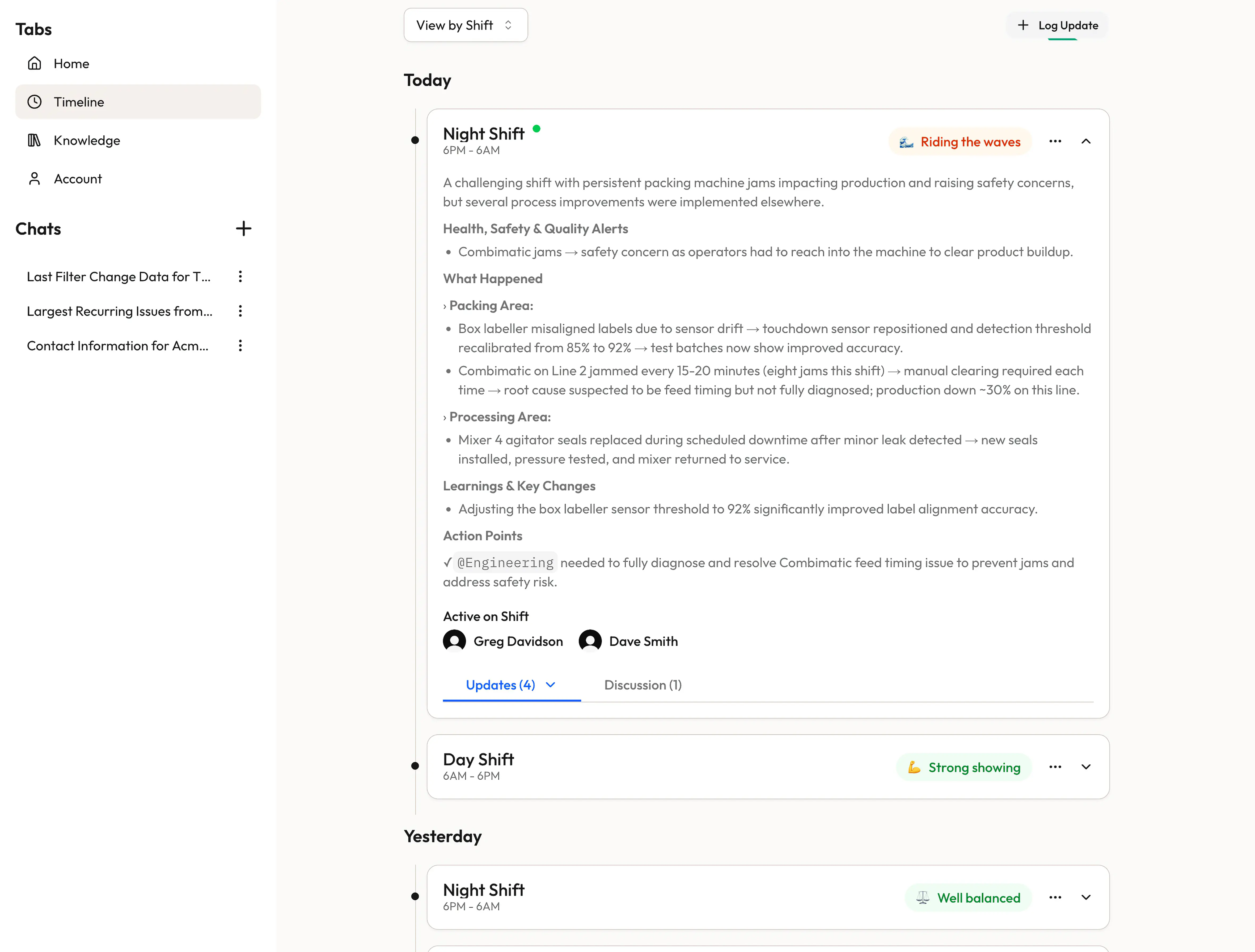RossOps timeline — searchable shift handover history
